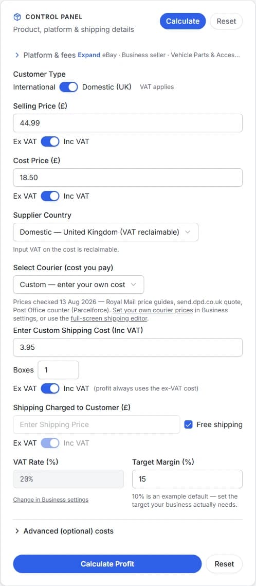 Munavo's control panel with selling price, cost price, supplier country, courier, VAT rate and target margin fields