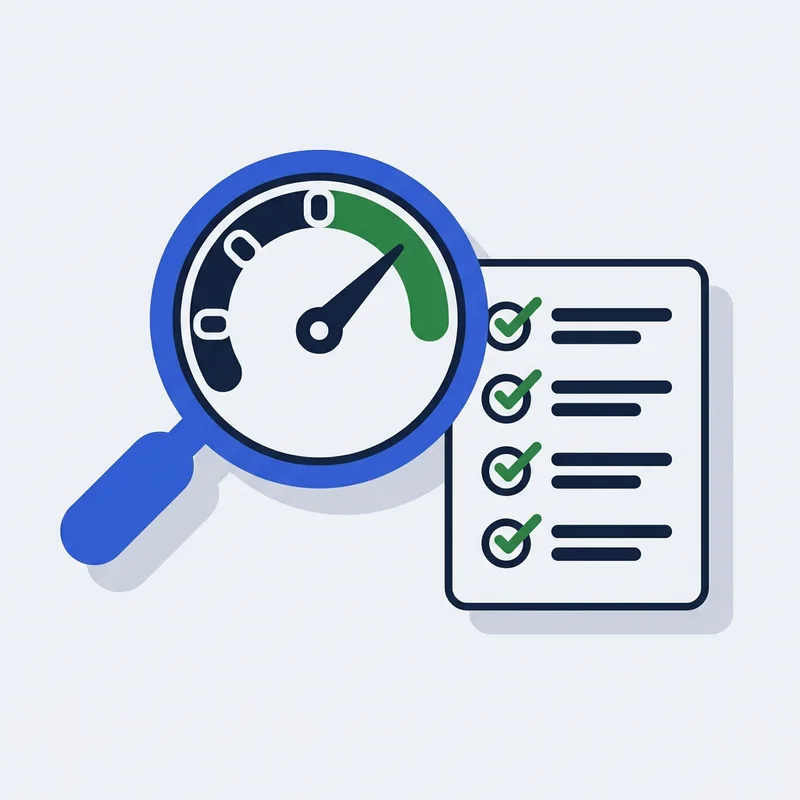 Illustration of a magnifying glass over a gauge beside a ticked checklist