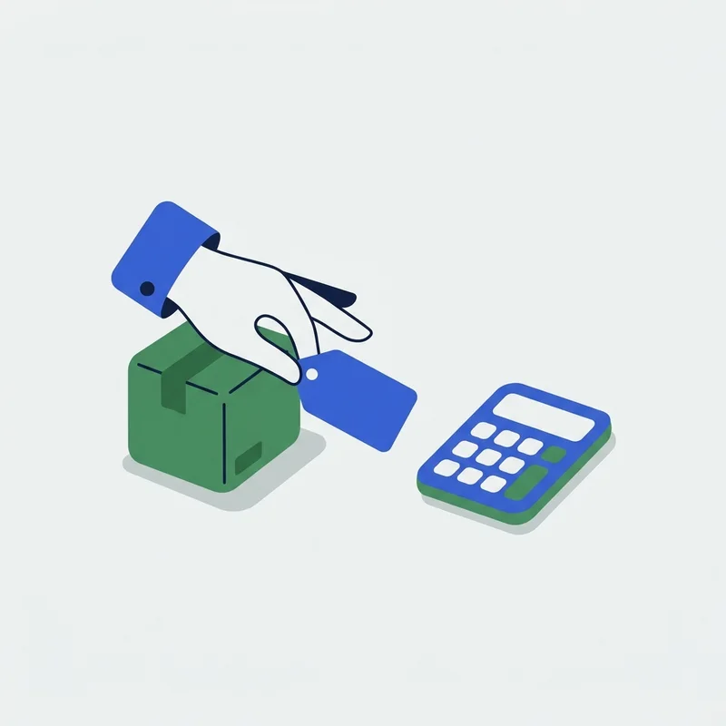 Illustration of a hand adding a price tag beside a parcel and calculator